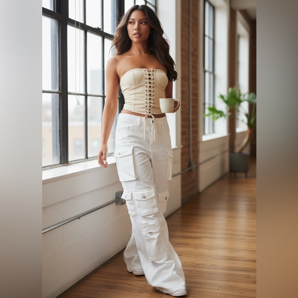 NEW•90’s HIGH RISE LILY WHITE CARGO JEANS•15
